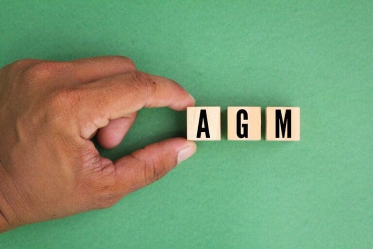 hand holding a wooden cube with the letters AGM or the word Annual General Meeting.