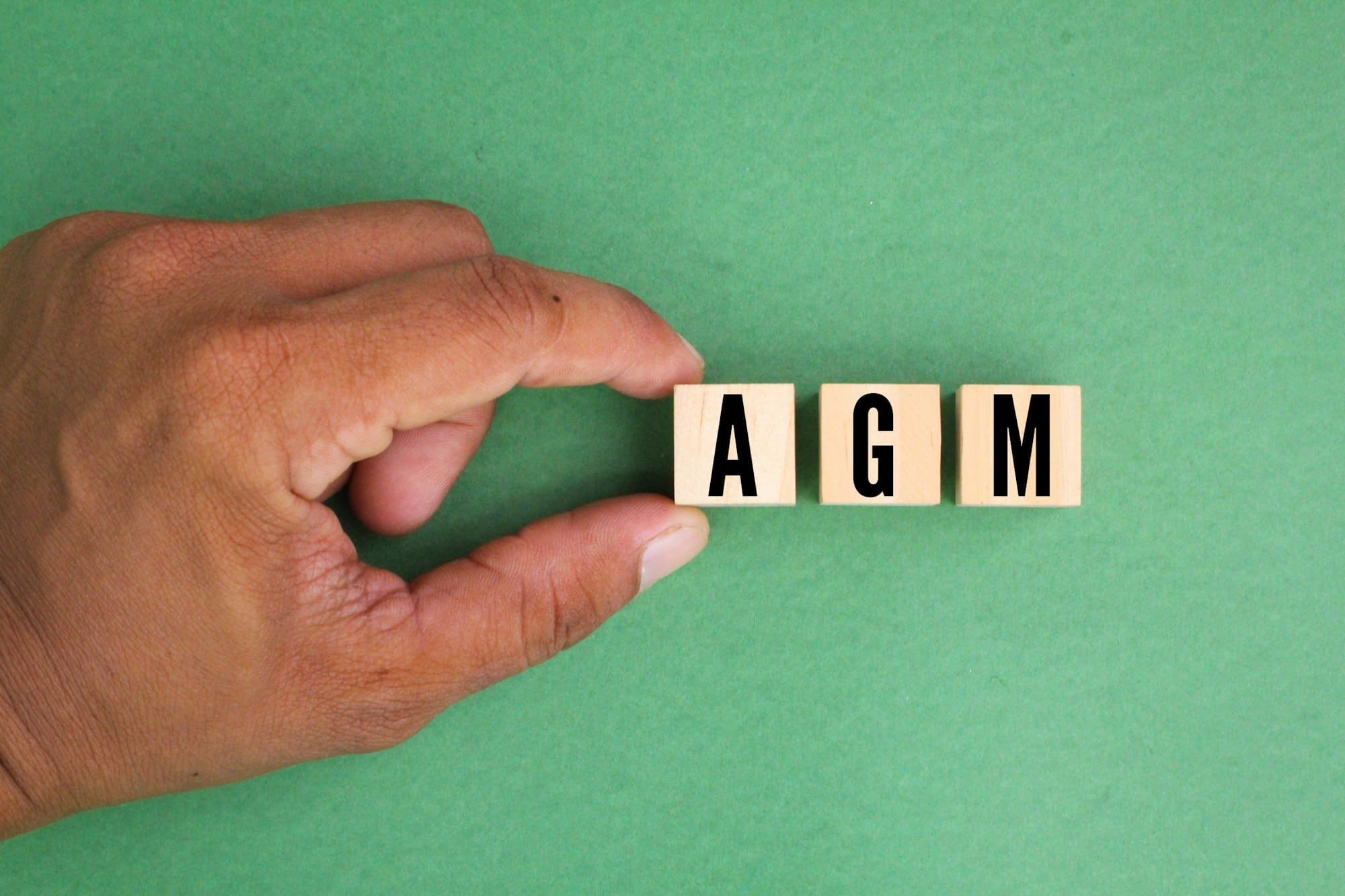 hand holding a wooden cube with the letters AGM or the word Annual General Meeting.